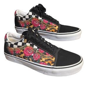 Vans Unisex Black Floral Checkered Sneakers, Size 7.5 Men 
9 Women. Pre-Owned